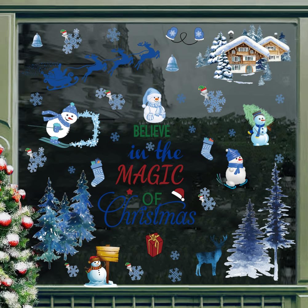 Santa Claus Christmas Tree Wall Sticker - Removable Vinyl DIY Wall Decor for Party, Playroom, Bedroom, Classroom, Living Room - Blue