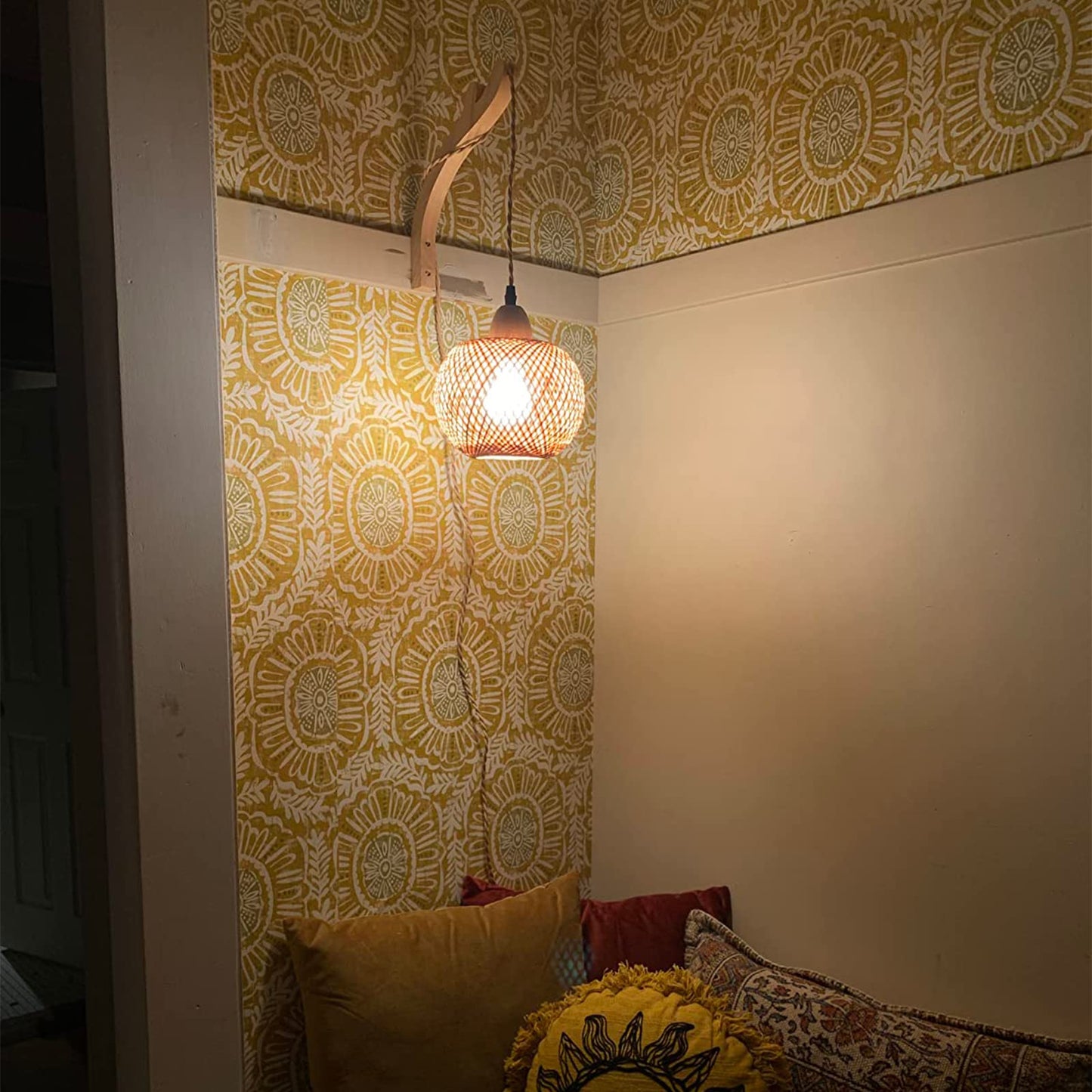 Frideko Bamboo Lantern Plug in Wall Sconces Wicker Wall Lamp with Plug in Cord Hand Woven Rattan Wall Light Farmhouse Rustic Wall Sconces Boho Sconces Wall Lighting for Living Room Bedroom