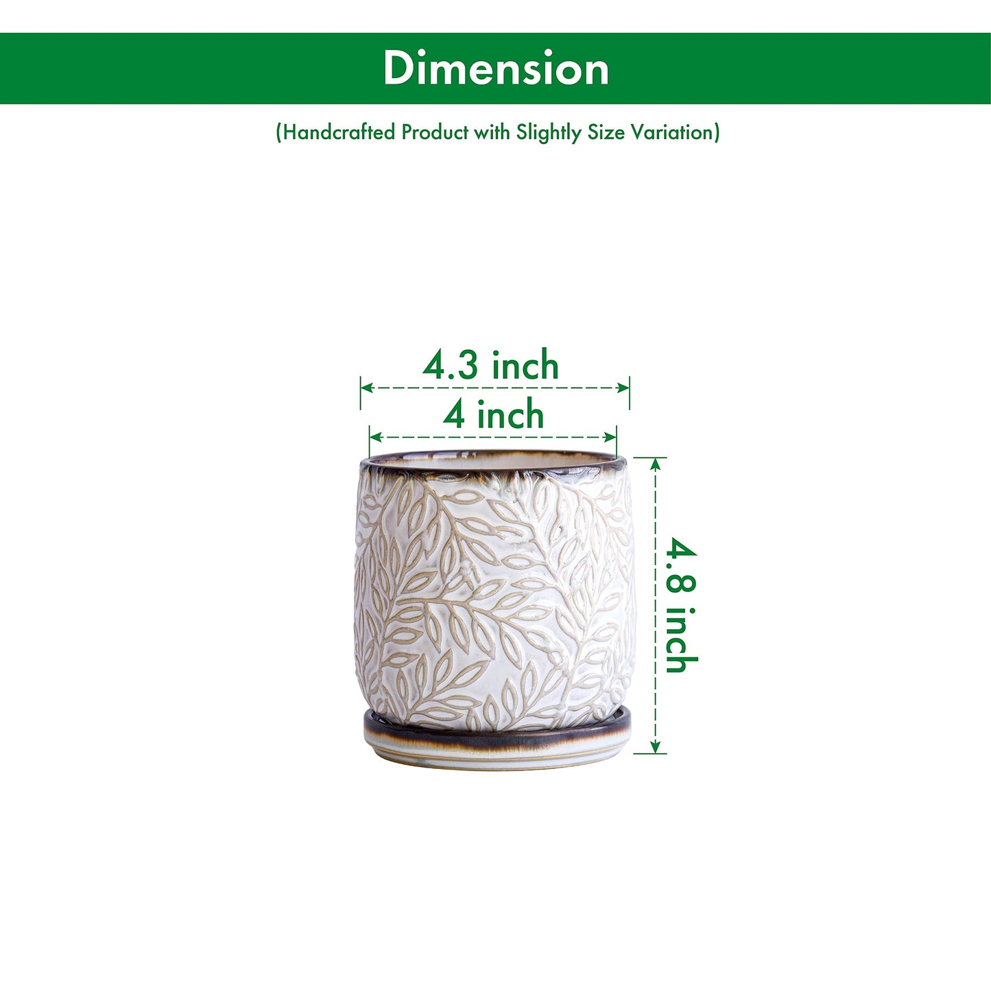 D'vine Dev 4 Inch Embossed Leaves Stoneware Planter Pot with Drainage Hole and Saucer, Smoked White, Set of 1, 27-A-Z-1