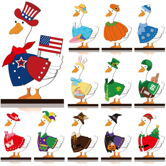 Menkxi 27 Pcs Interchangeable Seasonal Goose Table Decor Wooden Desk Goose Outfit Signs Farmhouse Table Centerpiece with Holiday Icon Rustic Spring Patriotic Memorial Day Spring Decor for Home Office