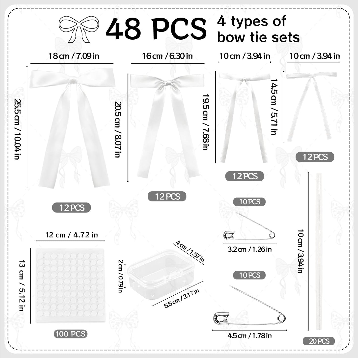 GZIXBDA 48Pcs White Bow Wall Decor, Satin Ribbon Bow Birthday Decorations Photo Backdrop Party Decor for Birthday Baby Shower Bachelorette Wedding Party Room Bedroom