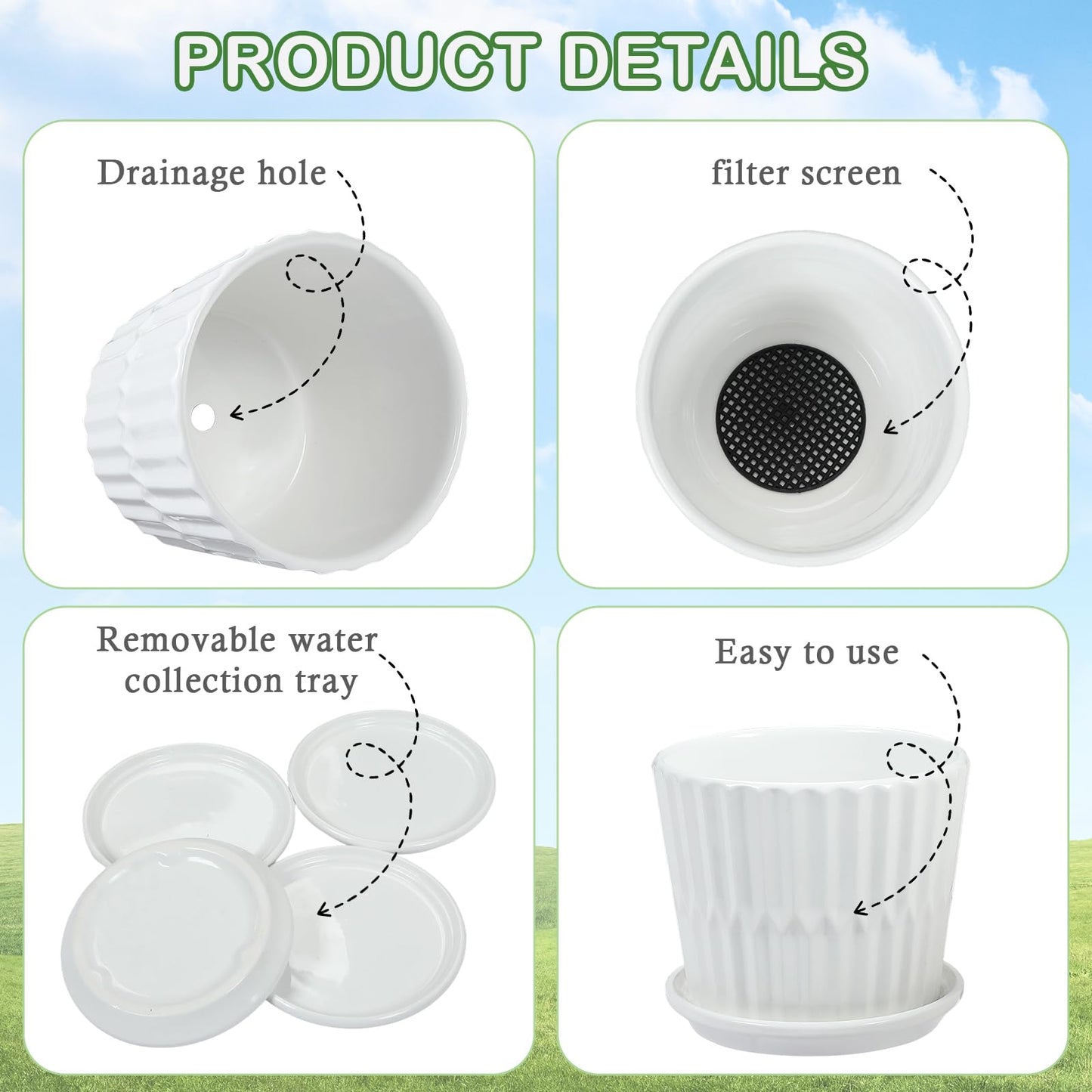 sietpoek Plant Pots - 5.5 Inch Cylinder Ceramic Planters with Connected Saucer, Pots for Succuelnt and Little Snake Plants, Set of 4, White