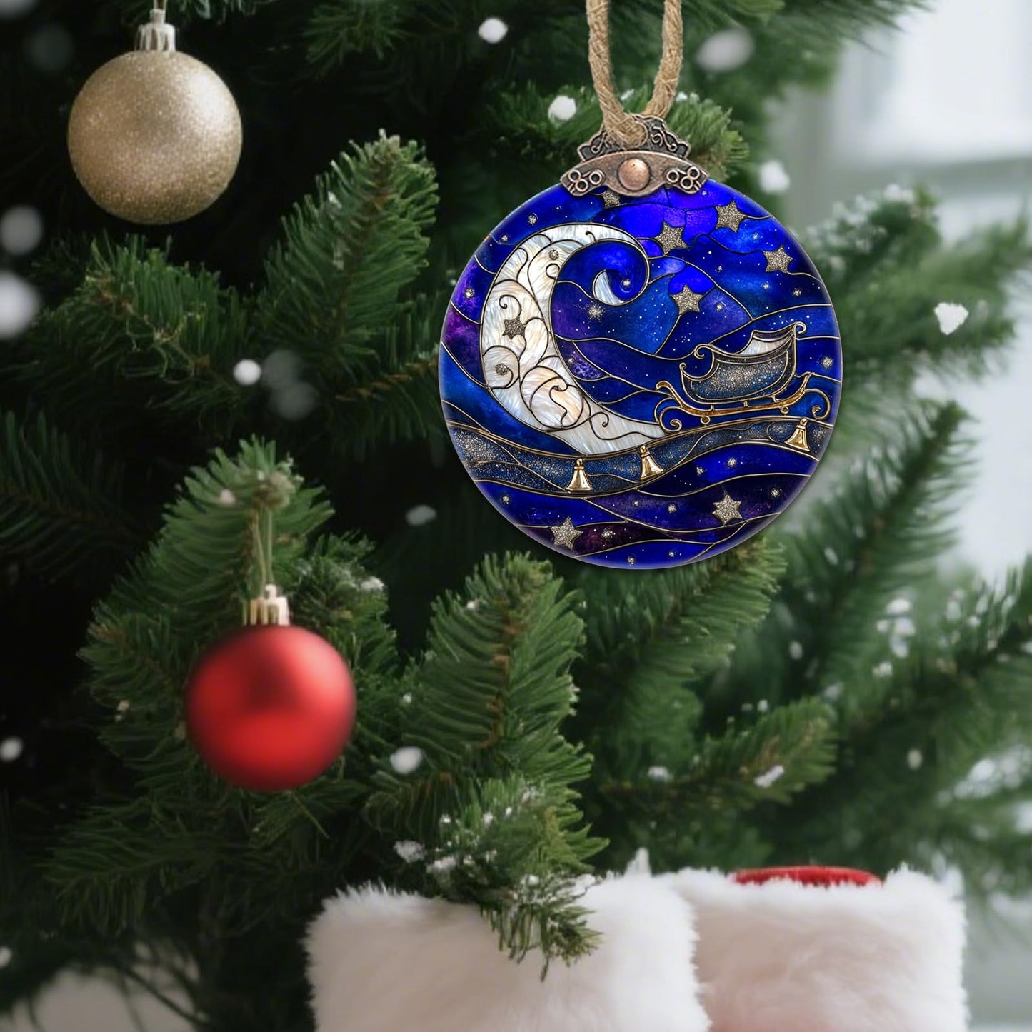 CRISGIF Stained Glass Christmas Decorations, Blue Starry Sky Silver Moon Suncatcher for Window Christmas Tree Hanging Ornaments Bell Sun Catcher Xmas Decor Gifts for Women Men Mom Nana Friend