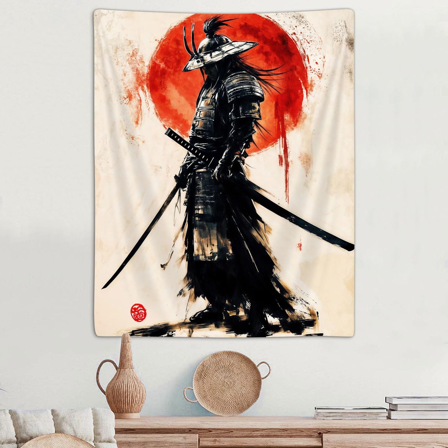 Sanzugh Anime Japanese Samurai Tapestry, Cool Japan Black and Red Sun Art Tapestries Wall Hanging for Men Boys Bedroom Decor 40X60 Poster