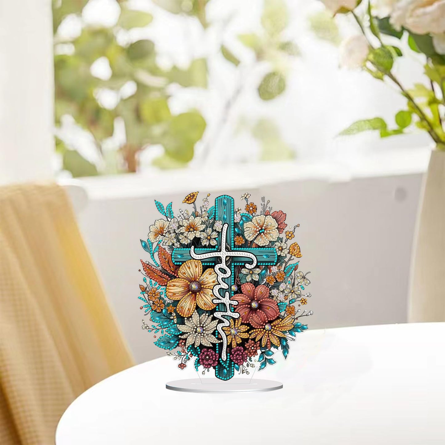 hyzsj DIY Diamond Desktop Ornament, Crystal Cross Flower Diamond Art Painting Tabletop Ornaments Single Sided, Diamond Ornament for Adult Beginner Home Office Decor Crafts Gift