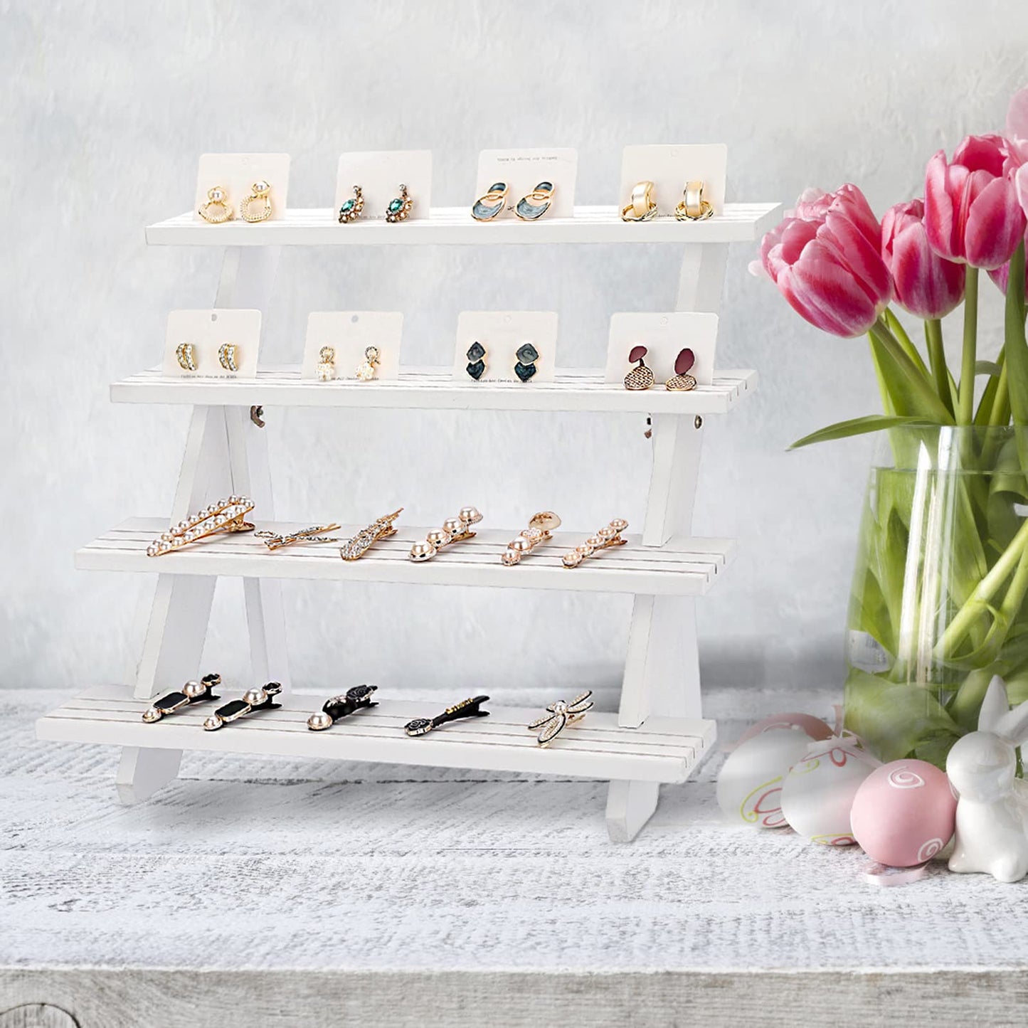 ELLDOO 4-Tier Wooden Display Riser, Retail Jewelry Card Display Stand, Rustic White Wooden Cupcake Stand Shelves, Organizer Showcase Cascading Merchandise Organizer Rack Vendor Display Supplies