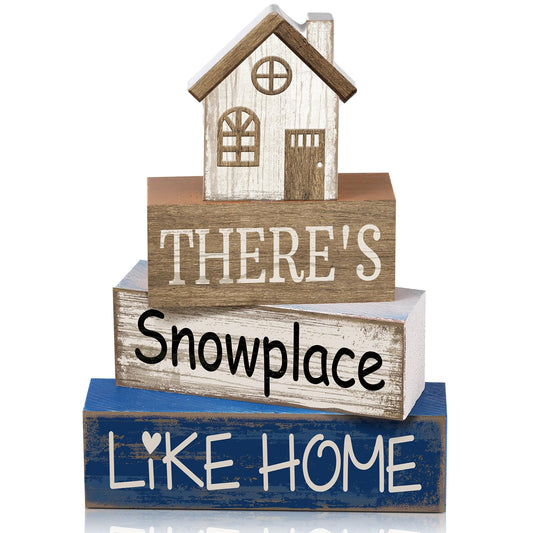 Lineshading 4 Pcs Winter Table Decoration Wooden House Decor Winter Tiered Tray Decor Rustic Decorative House Block Signs Gifts Christmas Centerpieces Farmhouse Sweet Home Decoration for Kitchen Desk