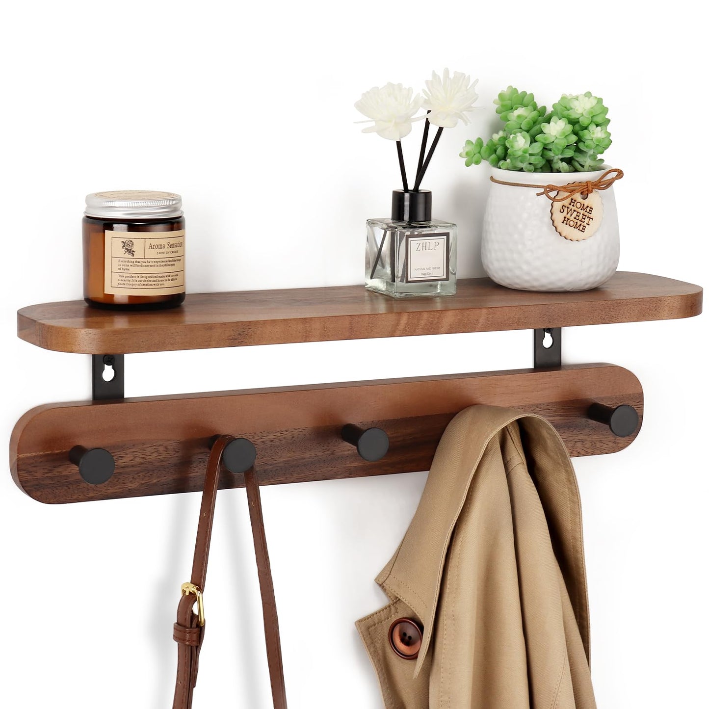 Homiton Coat Rack Wall Mount with Shelf, 17" Walnut Wood Wall Shelf with Hooks, Entryway Floating Shelves with 5 Metal Hangers for Coats, Backpacks, Living Room, Bedroom, Bathroom