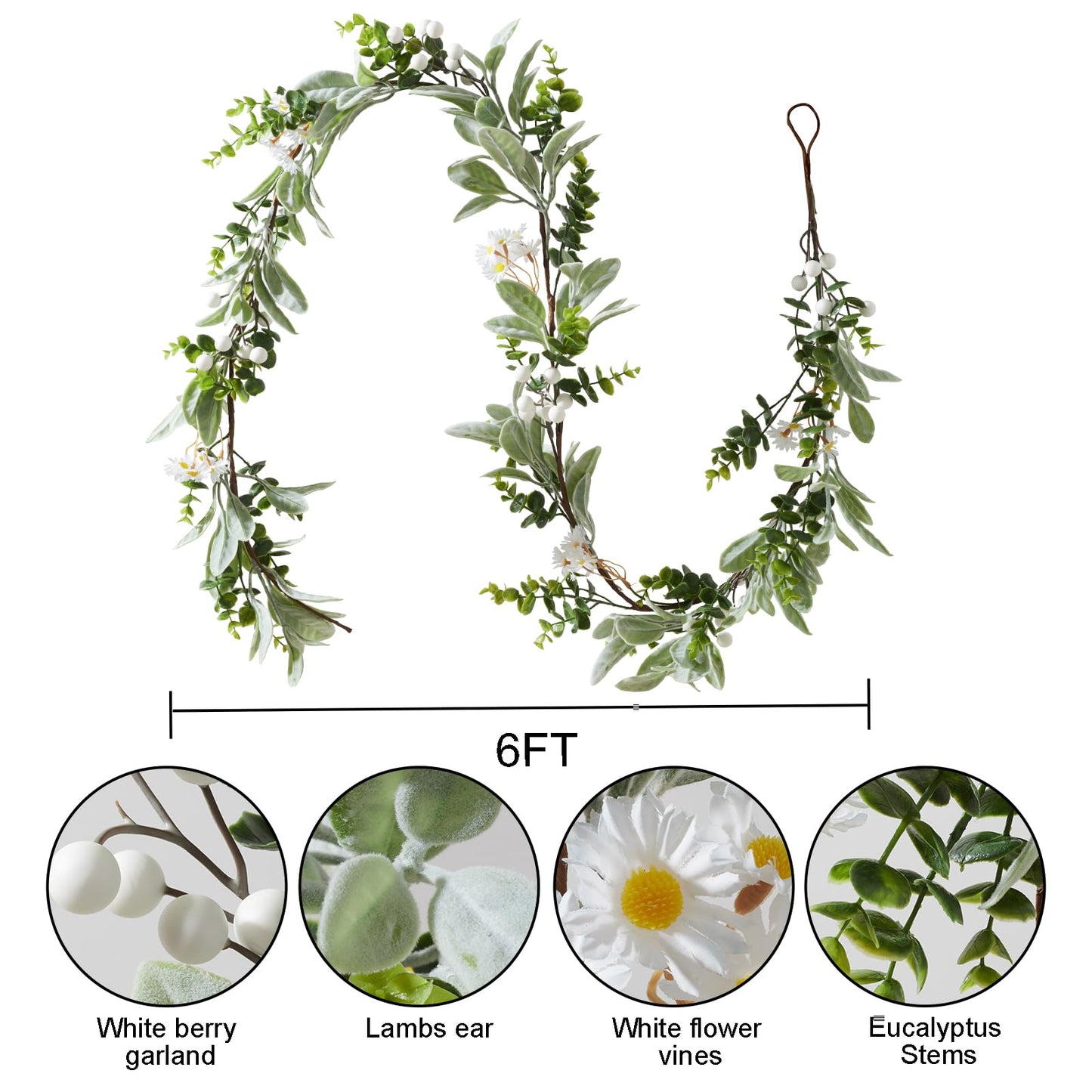 Artificial Eucalyptus Garland 6FT with Flowers & White Berries – Faux Greenery Garland for Spring Wedding Mantle Table Indoor Outdoor Home Decor