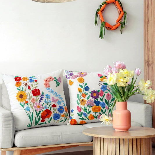 Mindsoft 2 Pcs Flower Throw Pillow Covers 18 x 18 Inch Spring Embroidered Pillow Cover with Zipper Colorful Floral Pillowcase Soft Boho Cushion Case for Living Room Couch Sofa Bed