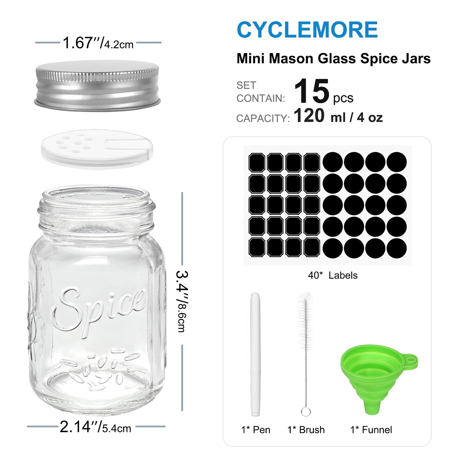 CycleMore 15 Pack 4oz Glass Mason Spice Jars, Round Spice Containers with Silver Metal Caps and Pour/Sift Shaker Lids-40pcs Labels,1pcs Silicone Collapsible Funnel,1pack Brush and 1 Pen Included