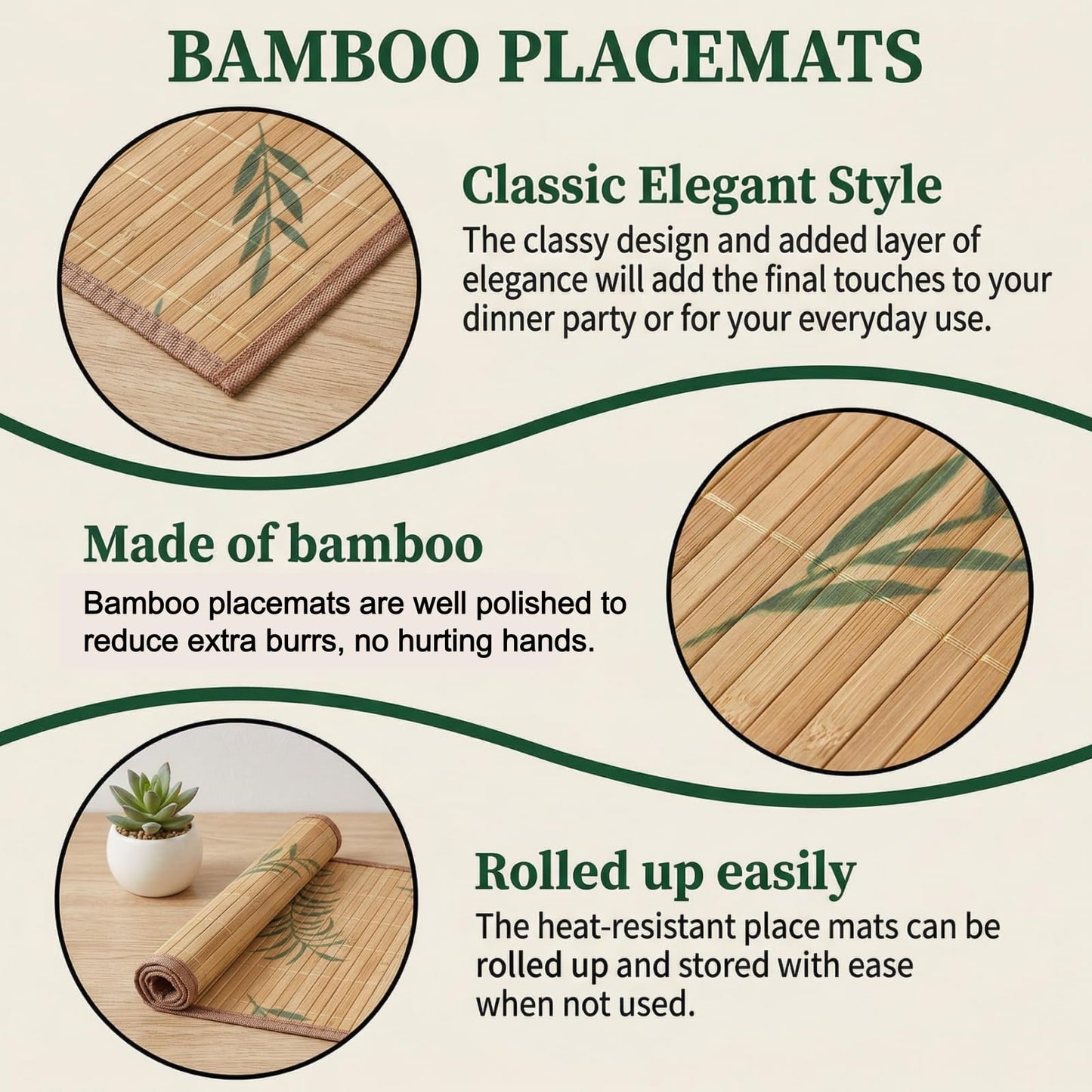 Eorbow 8 Pack Bamboo Placemats, 18 x 12 Inch Anti-Slip Table Mats, Heat Resistant Place Mats, Japanese Style Washable Placemats for Dining Room, Kitchen, Restaurant