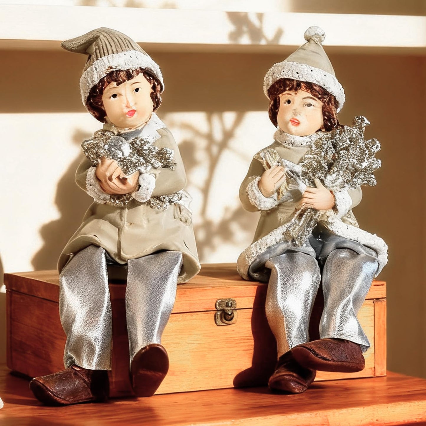 Brizoria Christmas Boy Figurines Shelf Sitters Winter Holiday Decorations Resin Cloth Dolls for Mantel Tabletop Decor, Ideal Gift for Mom, Dad, and Friends