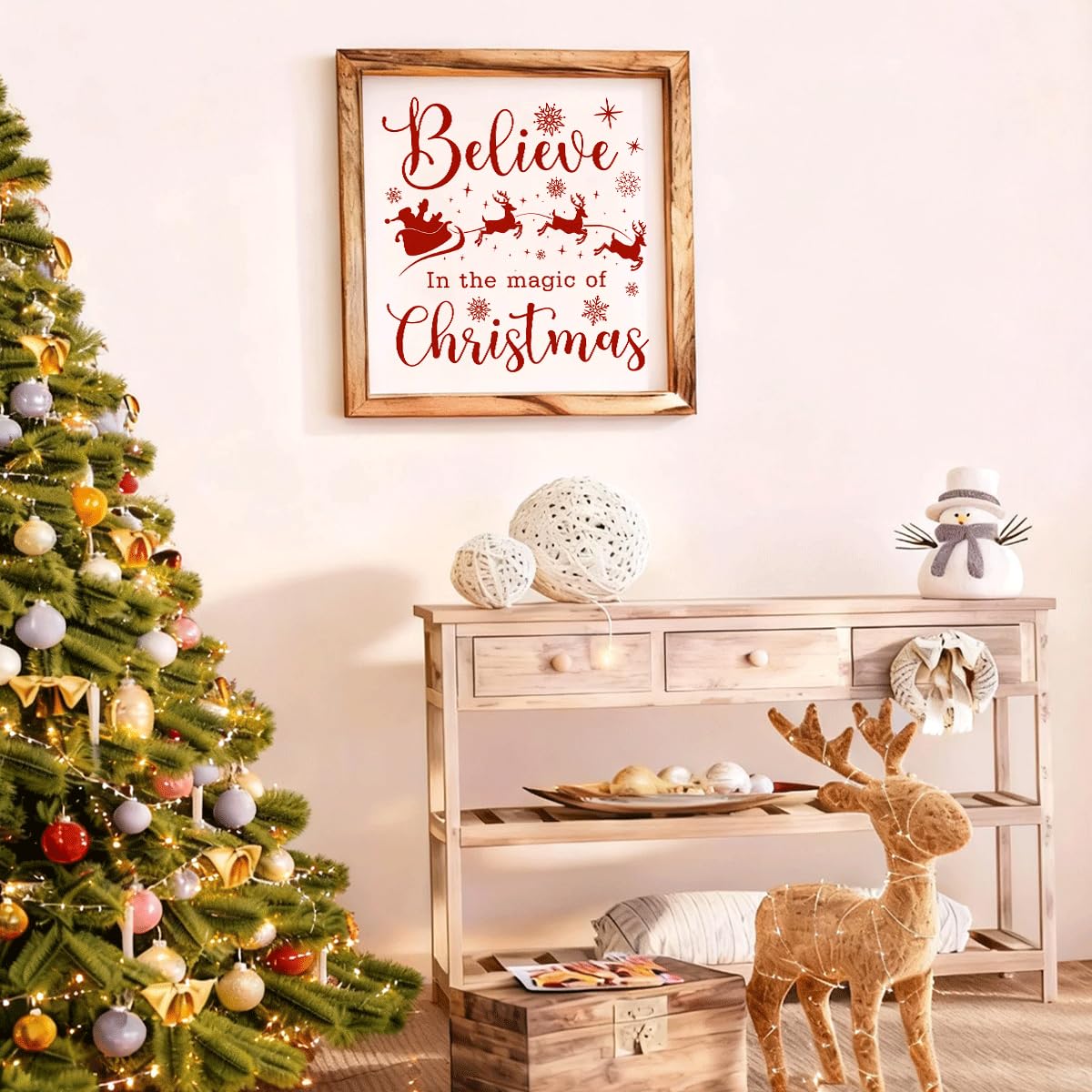 Christmas Wall Decor, Believe in the Magic of Christmas Quote Sign, Santa Sleigh Framed Wood Wall Accent for Cozy Living Room or Bedroom, MDF Holiday Hanging Plaque