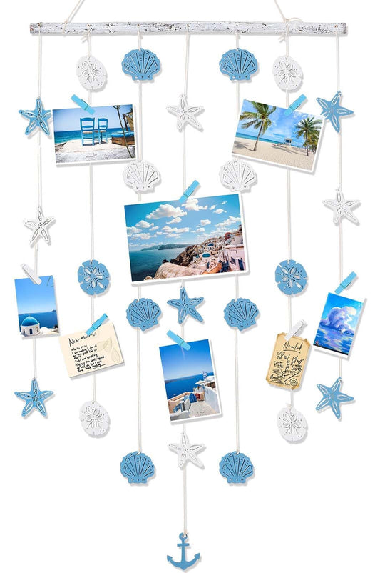 DREAMORIE Wooden Beach Wall Decor, Hanging Photo Display with Seashells & Clips, Ocean Coastal Themed Picture Card Organizer, Adjustable Starfish & Anchor Beach Room Decor for Bedroom,Party Decoration