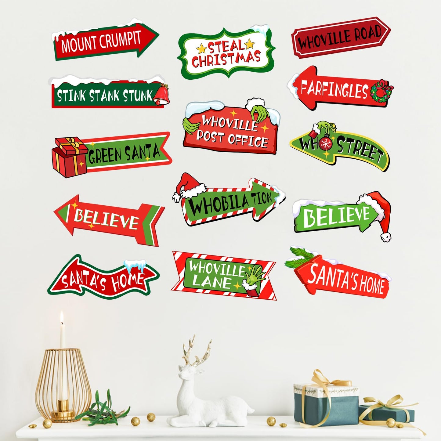 Mfault Christmas Whoville Wall Decals Stickers, Funny Xmas Red Green Road Signs Decorations Bedroom Art, Winter Holiday Gifts Home Kitchen Living Room Decor