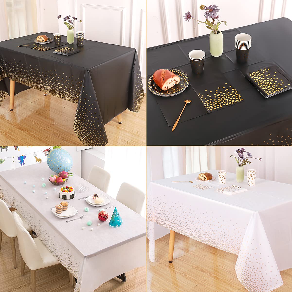 Jepeux 2 Packaging Black and Gold Plastic Tablecloth, 54 inch x108 inch Rectangular Disposable dot Party Table Cover, Suitable for Birthday, Graduation, Restaurant, Wedding Decoration Tablecloth
