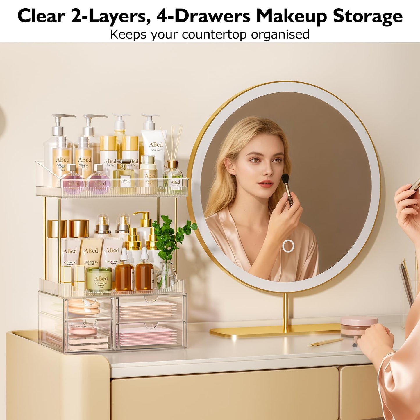SNSLXH Makeup Organizer Bathroom Storage- 4 Tier 4 Drawer Makeup Storage, Transparent Clear Cosmetics Organiser, Ideal for Cosmetic Perfume Skincare, for Countertop, Bathroom, Office Supplies, Dresser