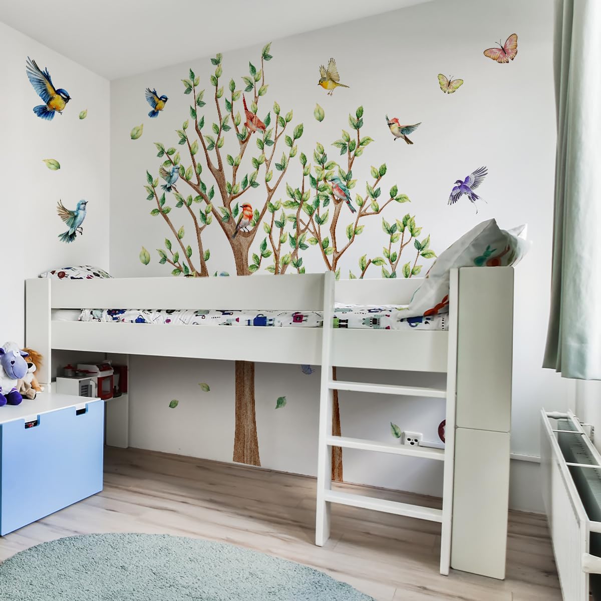 Tree Bird Wall Stickers - Green Flying Leaf Butterfly Vinyl Peel & Stick Removable Wall Art Decals Decorative for Living Room Kid Bedroom,83.54 cm x 78.79 cm