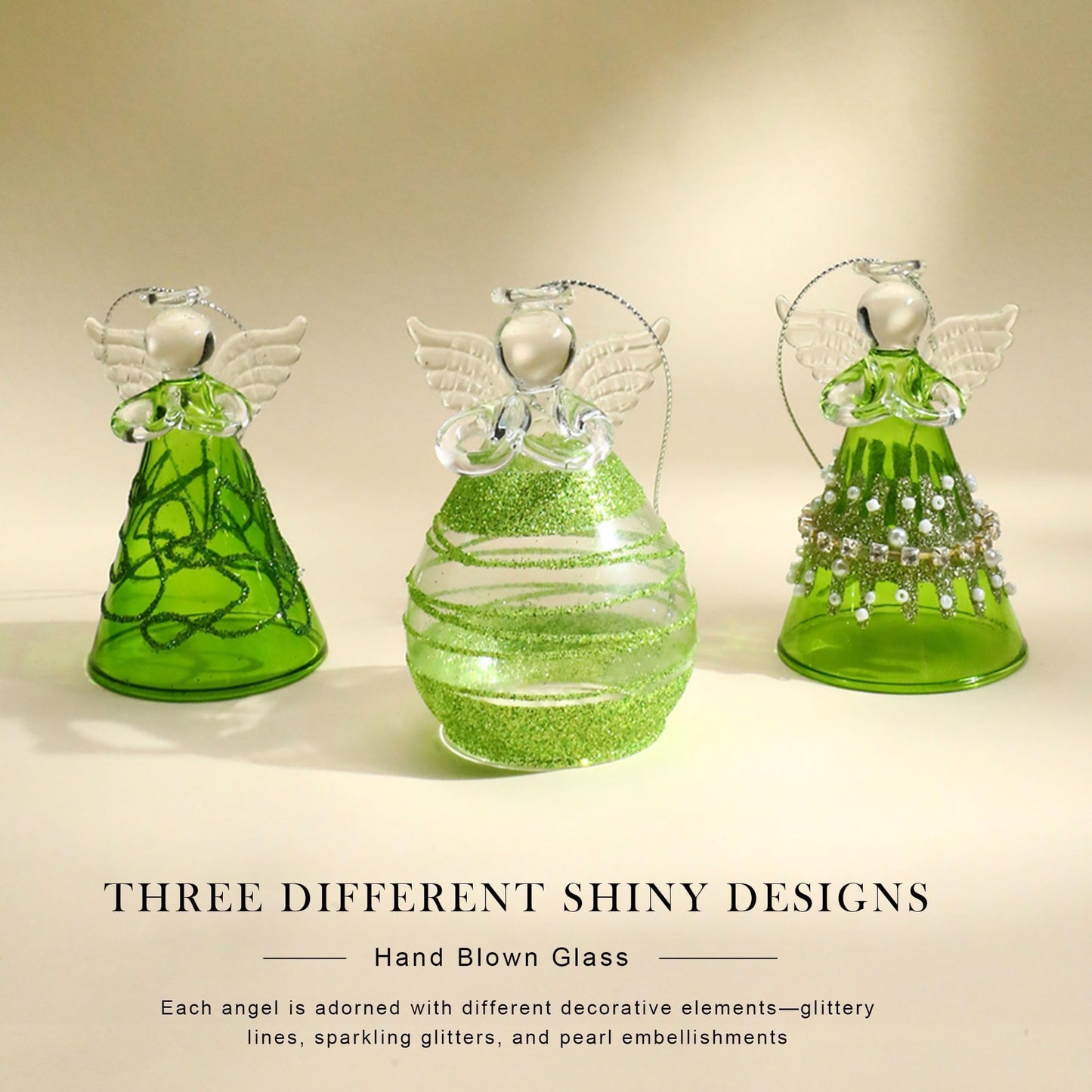 Green Glass Angel Ornaments Gift for Women, Set of 3 Crystal Guardian Angel Ornaments for Tree, 2026 Hand Blown Spun Glass Home Decor Irish Gift for Women