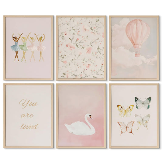 KUCGONHOS 6Pcs Pink Nursery Wall Art Vintage Baby Girl Nursery Wall Decor Pink Floral kids Room Canvas Prints Swan Pictures Cute Butterfly Girl's Room Paintings Hot Air Ballet 8x10in Unframed Posters