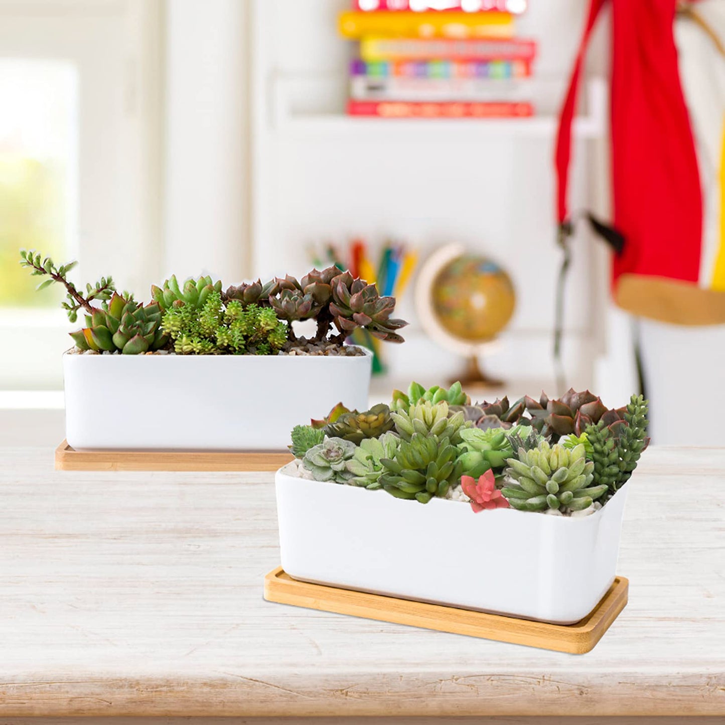 ARVINKEY White Ceramic Succulent Planters, Indoor and Outdoor Succulent Planters, Set of 2 Small Cactus Containers, Bonsai Pots, Flower Pots with Drainage Hole and Bamboo Bowl (No Plant)