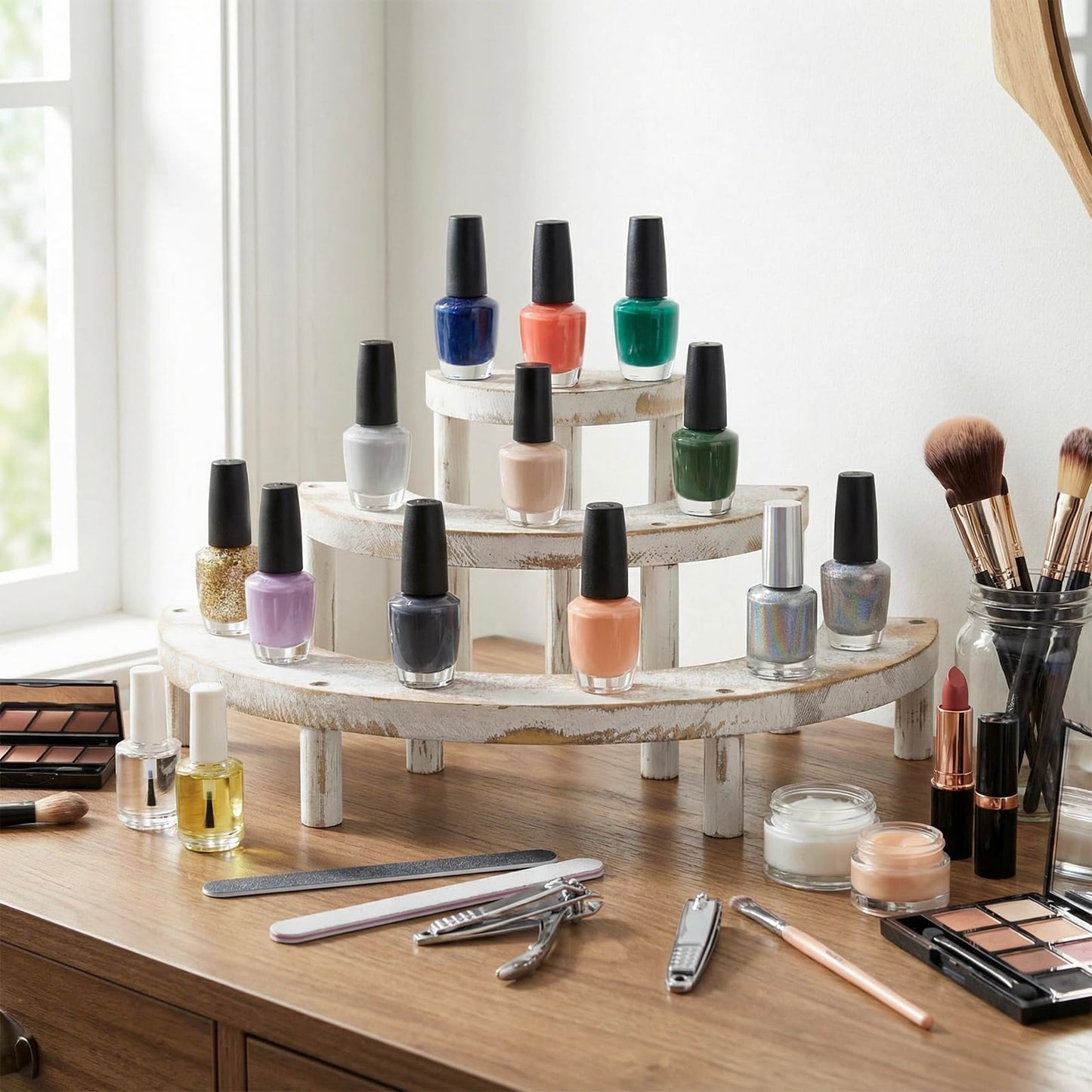 MyGift 3 Tier Wooden Display Riser Stand, Cupcake Stand & Perfume Organizer, Rustic Whitewashed Tiered Display Shelf for Desserts, Nail Polish, Makeup, Plants & Collectibles