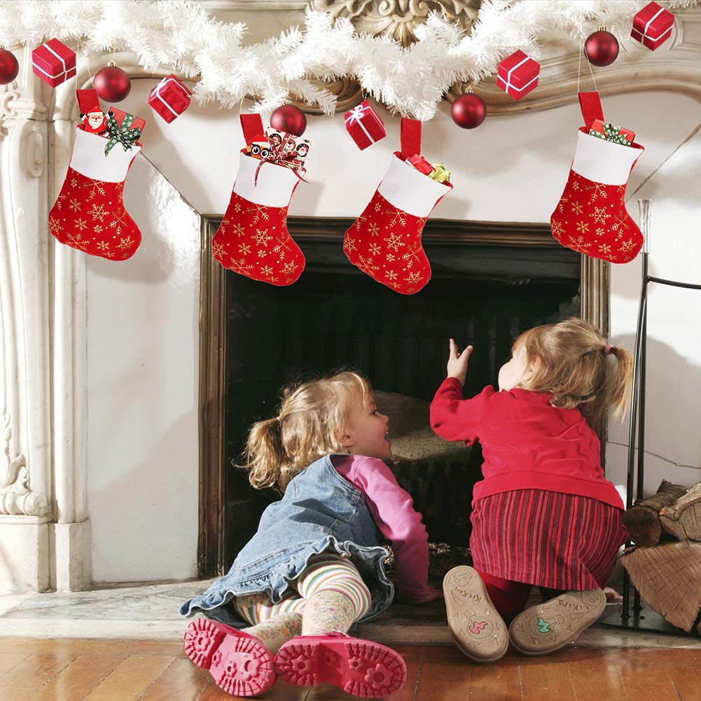 CCINEE 24PCS Christmas Stockings Decoration Snowflakes Stocking Red Fannel Faux Fur Xmas Stockings for Home Decor Fireplace
