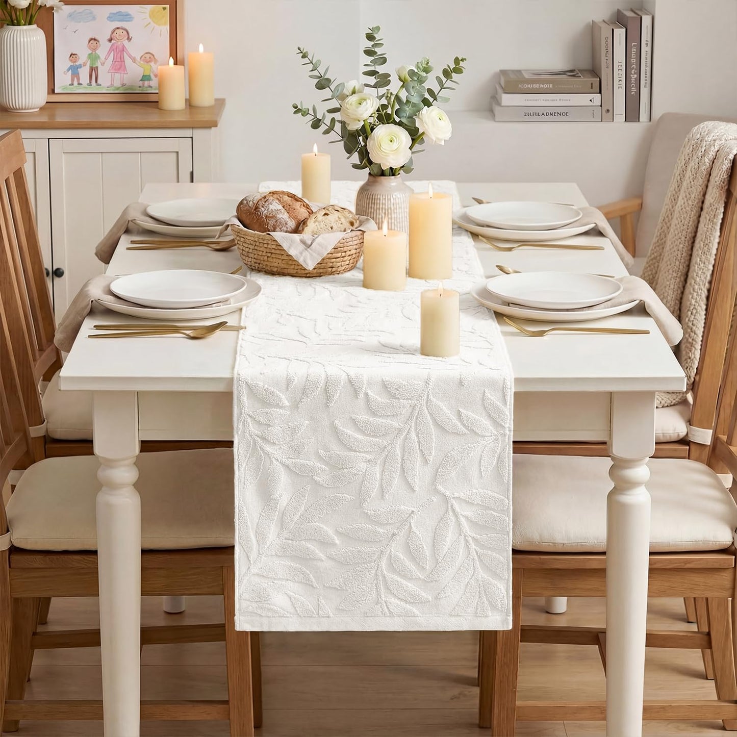 Artoid Mode White Soft Cotton Jacquard Leaves Spring Table Runner, Holiday Kitchen Dining Table Decoration for Home Party Decor 13x72 Inch