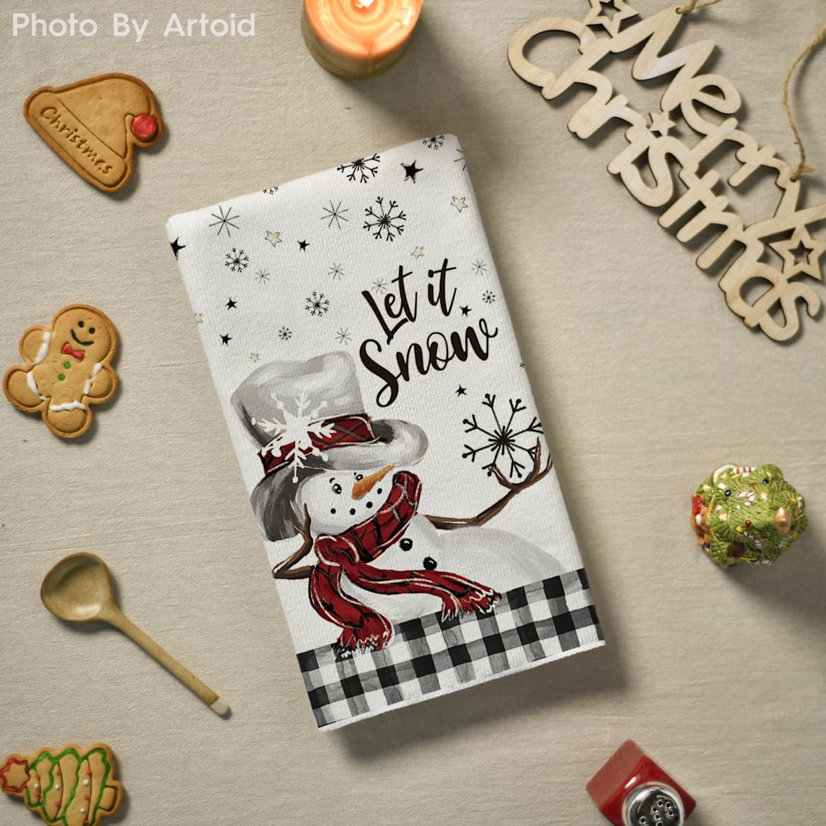 Artoid Mode Buffalo Plaid Snowman Let It Snow Winter Kitchen Towels Dish Towels, 18x26 Inch Daily Seasonal Christmas Decoration Hand Towels Set of 2