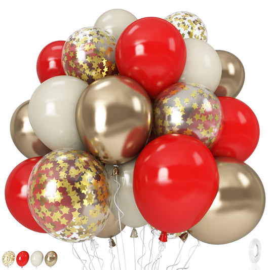 Red and White Balloons Set, 12 Inch Sand White Red and Gold Balloon, Metallic Gold Star Confetti Balloon for Birthday Christmas Wedding Engagement Valentine's Day Graduation New Year Party Decorations