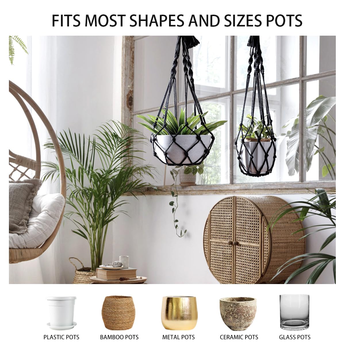 Artilady Black Plant Hanger Macrame Hanging Planter for Indoor Boho Plants Holder with Hooks Hanging Plant Basket Outdoor Window Wall Plants Home Decor (Black Macrame-2pcs)