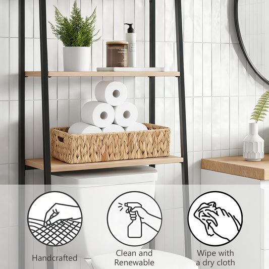 Toilet Tank Basket,Water Hyacinth Woven Storage Basket with Handles for Bathroom Organization - Toilet Paper Holder & Storage Bin, Handwoven Natural Basket (2-Pack)
