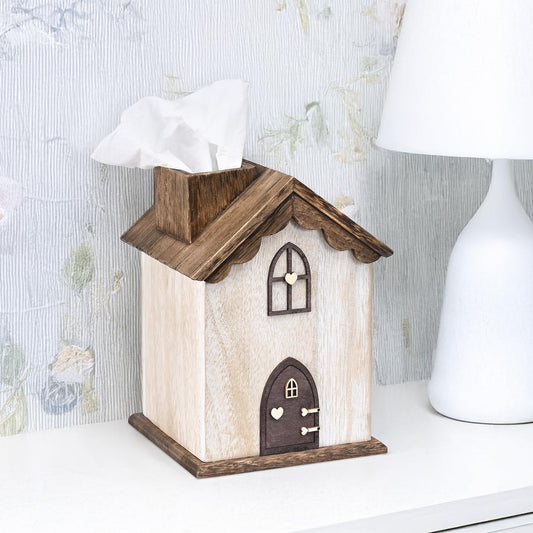 Ikee Design Farmhouse Wooden Square Tissue Box Cover, House-Shaped Decorative Tissue Holder for Bathroom, Bedroom, Living Room, Brown Color, 5.8W x 5.8D x 8.2H in