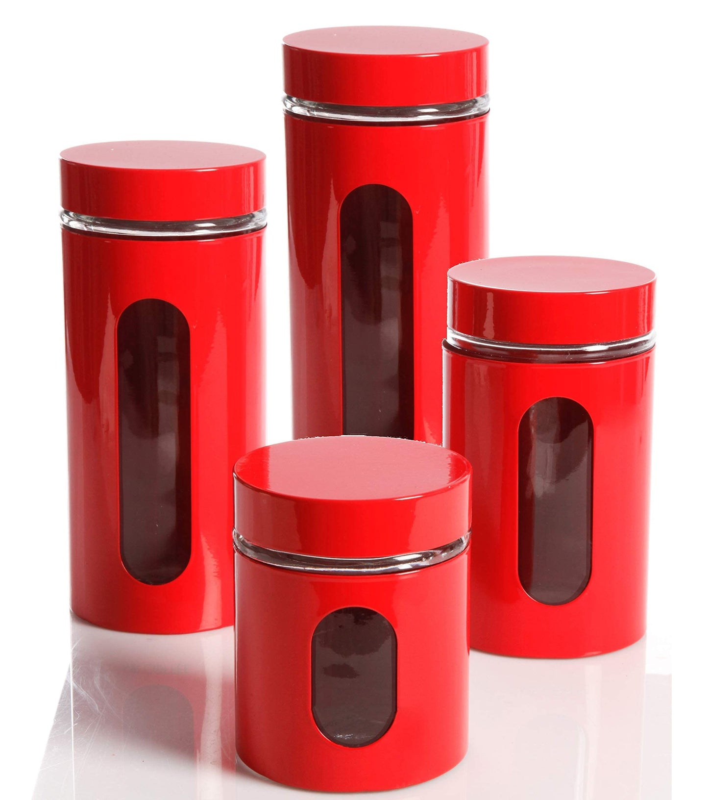 Quality Modern Red Stainless Steel Canister Set for Kitchen Counter with Glass Window & Airtight Lid - Food Storage Containers with Lids Airtight - Pantry Storage and Organization Set