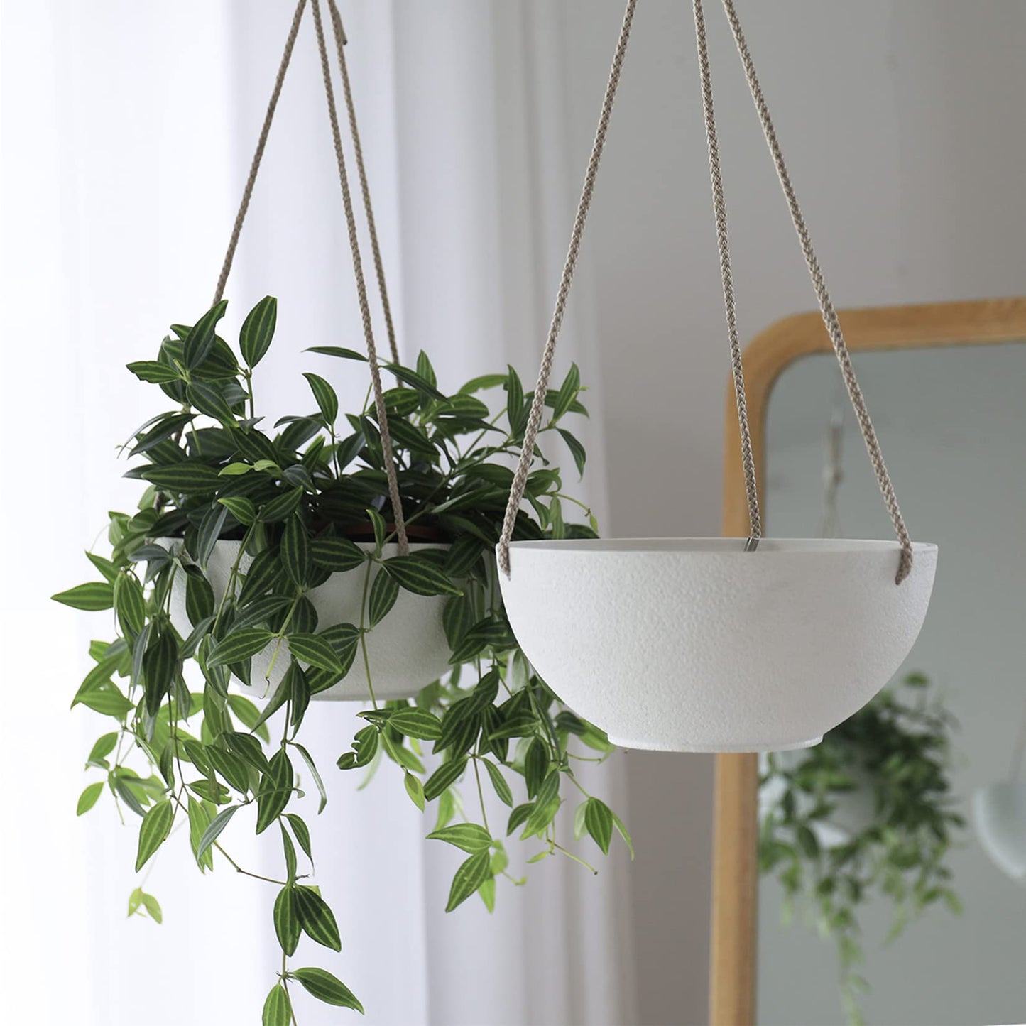 LA JOLIE MUSE White Hanging Planter Basket - 8 Inch Indoor Outdoor Flower Pots, Plant Containers W/Drainage Hole, Plant Pot for Hanging Plants, Pack 2