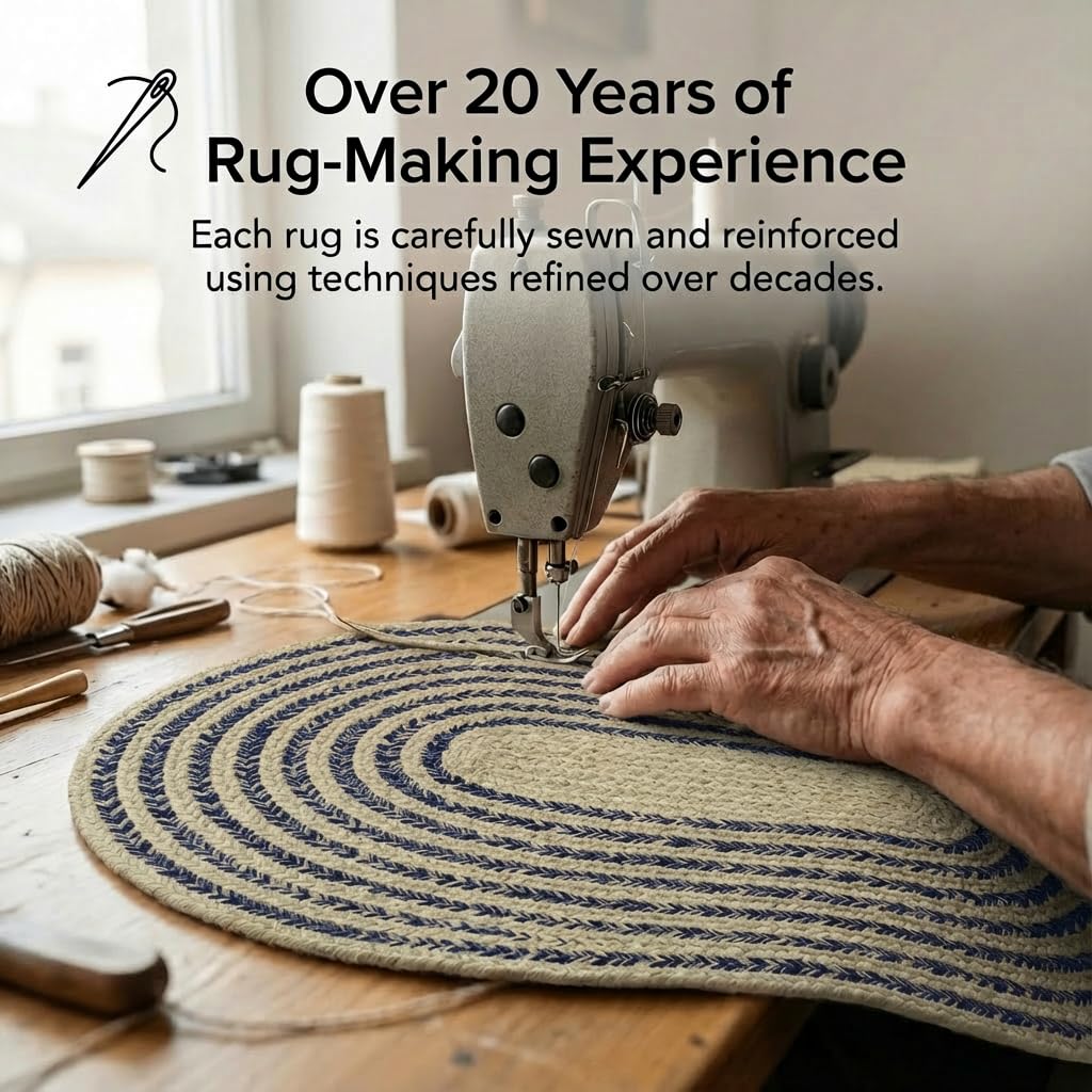 Cotton Braided Rug - 20" X 30" Beige and Navy Oval Woven Farmhouse Rug for Bathroom - Braided Minimalist Rugs for Kitchen - Rustic Primitive Rugs for Entryway