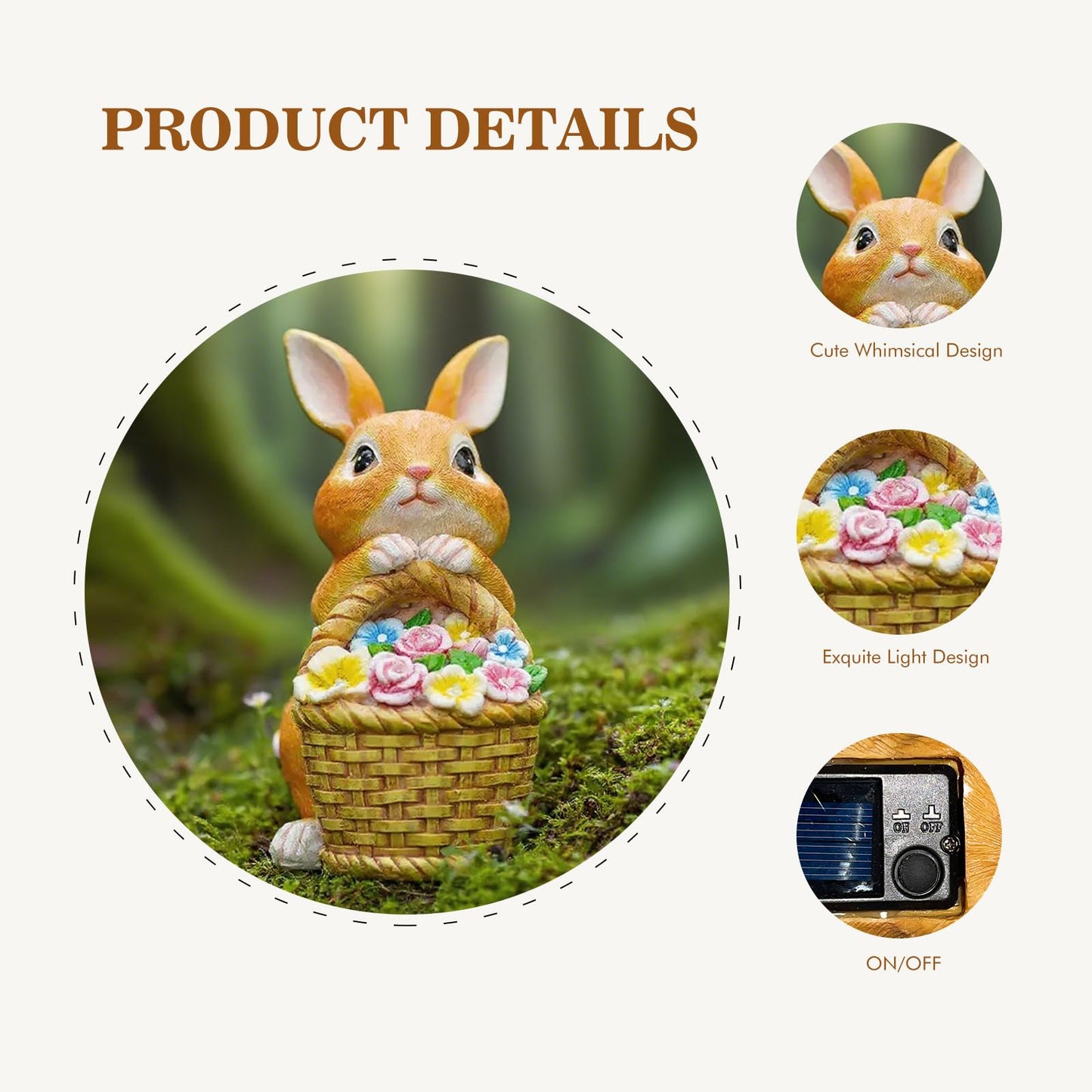 Fyrelly Solar-Powered Light-Up Rabbit Garden Statue, 6x5x8.5 Inches Waterproof Outdoor Decor for Yard Lawn Patio Porch Balcony, Ideal Easter Christmas for Mom Grandma Women