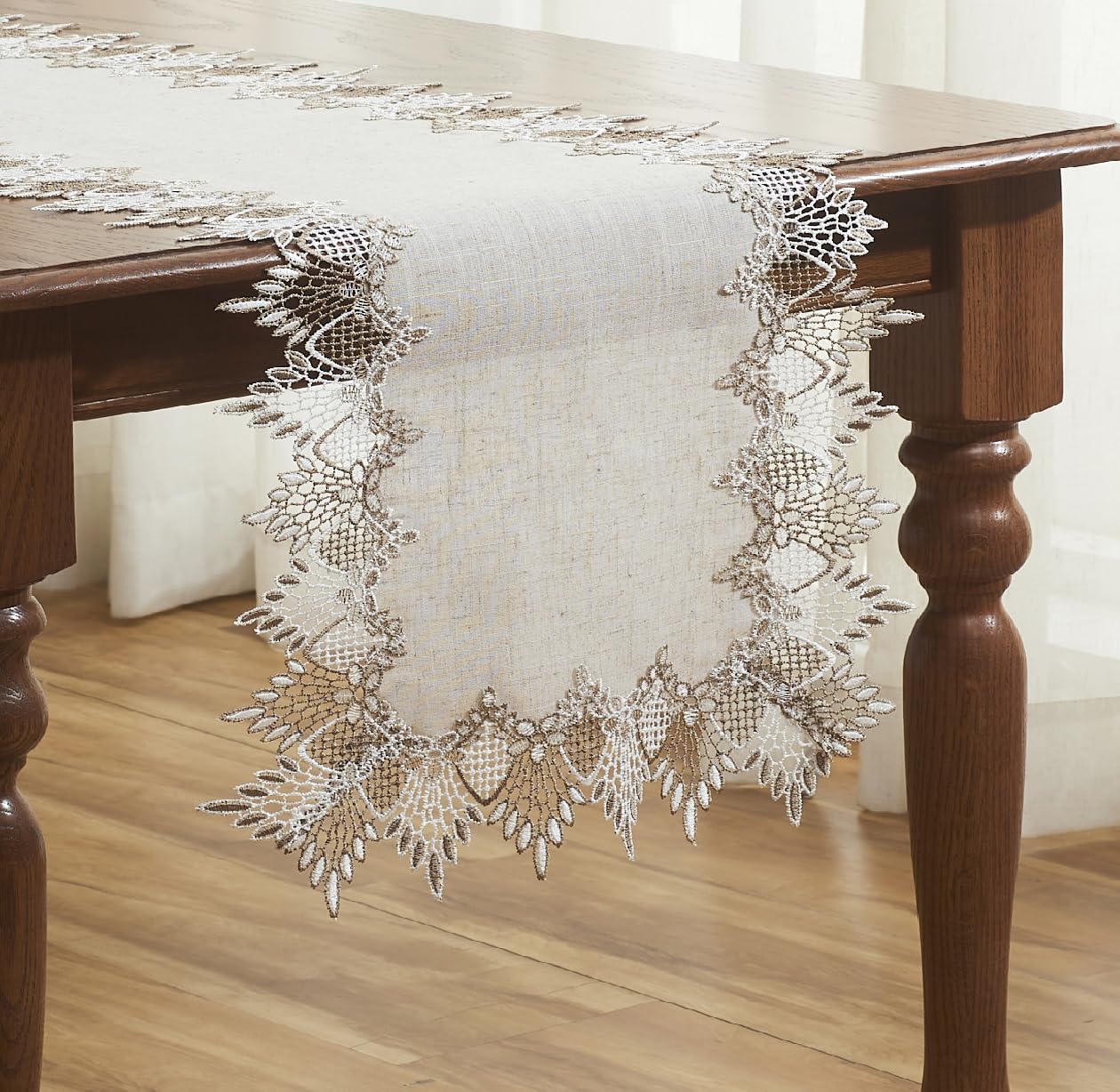 Raedan Natural Linen Table Runner 72 inches Neutral Earth Tones Beige Lace Coffee Table Runners Dresser Scarf for Easter Spring Summer Kitchen Wedding Party, Machine Washable (Natural, 16”x72”)
