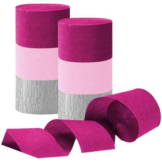 Rose Red Pink and Silver Crepe Paper Streamers, Party Streamer Decorations for Various Party Festival Decorations, 6 Rolls