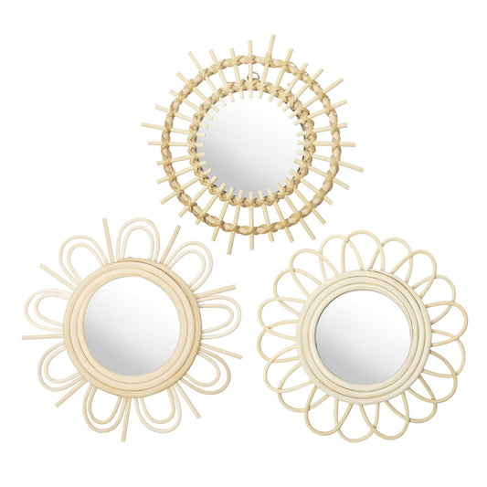 Briful Beige Wall Mirrors Decor Set of 3 Wooden Round Wall Mirrors Wall-Mounted Sunburst Mirrors Hanging Wall Art for Living Room Home Indoor Bedroom Decor
