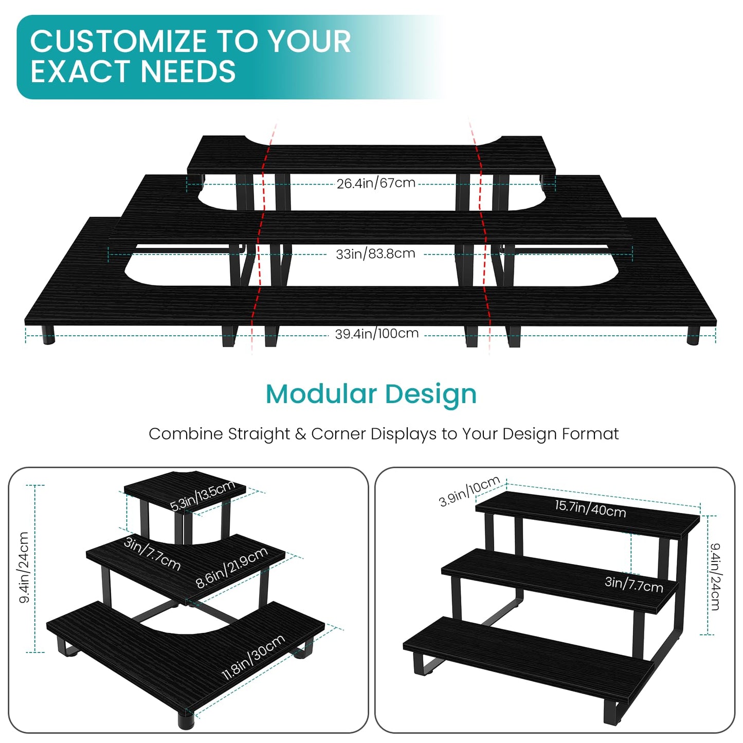 ELITEROO 3 Tier Wooden Display Riser Stand, Portable Products Display Shelf, 3 Step Straight Display Rack for Retail Tabletop, Countertop, Craft Shows, Farmers Market, Tradeshows, Vendors, Black
