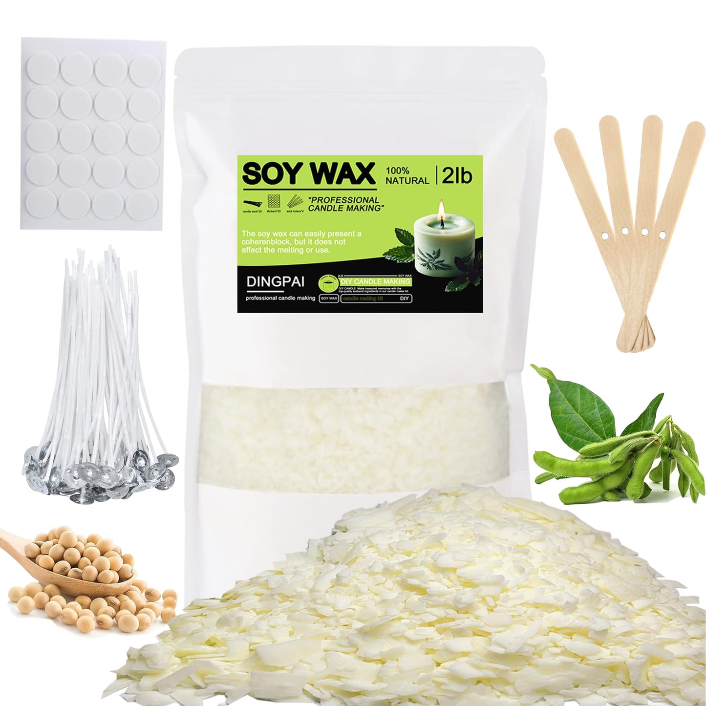DINGPAI Natural Soy Wax for Candle Making, 2lb Organic Soy Wax Flakes, Premium Soy Candle Wax for Candle Making Supplies, Pure Candle Wax from Farm, No Harmless, Additives