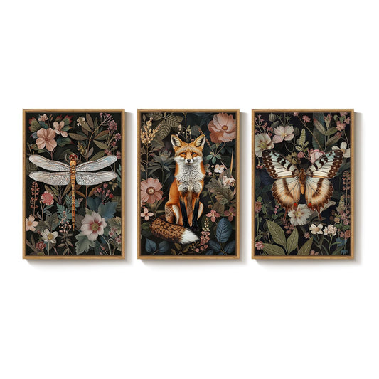 Framed Vintage Botanical Animal Wall Art Set of 3, Dark Floral Butterfly Dragonfly Fox Nature Canvas Prints, Rustic Forest Cottage core Garden Wall Decor for Living Room Bedroom Office, 24x36 Inch