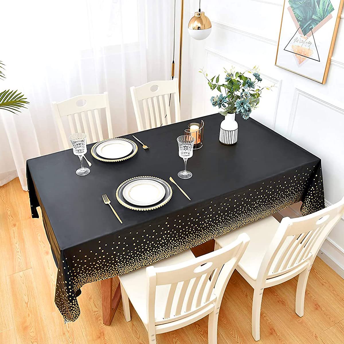 Jepeux 2 Packaging Black and Gold Plastic Tablecloth, 54 inch x108 inch Rectangular Disposable dot Party Table Cover, Suitable for Birthday, Graduation, Restaurant, Wedding Decoration Tablecloth