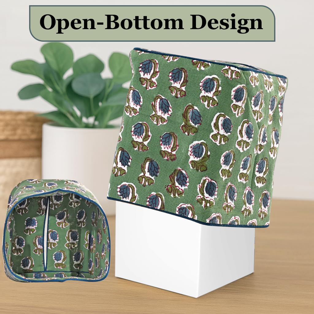 Ridhi Basil Green Block Print Tissue Box Cover Handmade Cotton Fabric Decorative Square Napkin Holder for Home Bedroom Living Room Bathroom Vanity Countertop Car Night Stands Office Kitchen