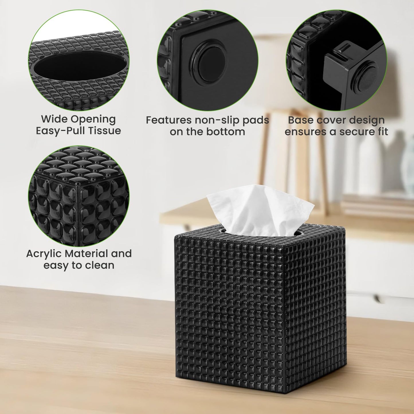 Tissue Box Cover, Black Square Acrylic Tissue Holder, Modern Decorative Facial Tissue Box Vessel Cube Paper Organizer Dispenser for Bathroom, Night Stand, Office, Vanity Countertops
