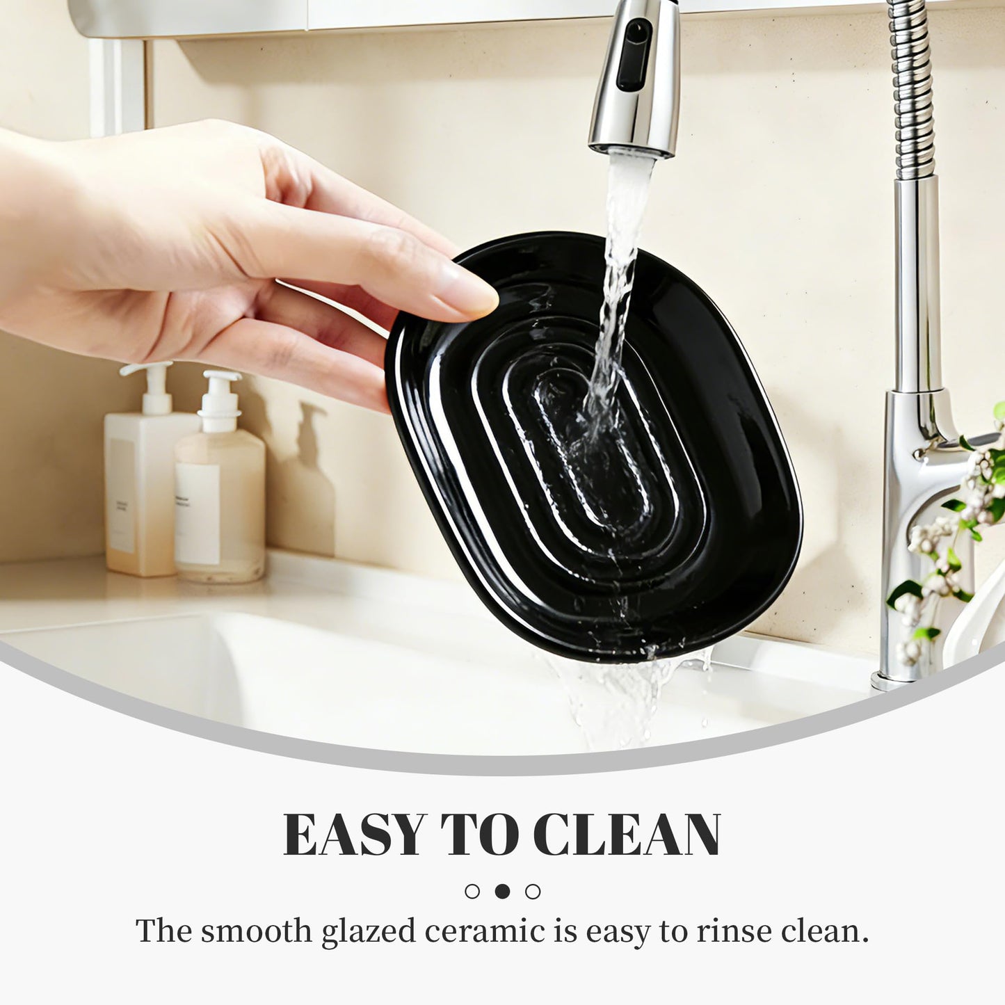 Cbrytacs Ceramic Soap Dish,with Raised Center to Keep Soap Dry - A Quick-Drying Soap Tray for Bathroom, Shower & Kitchen Sink, Decorative Organizer for Jewelry, Sponges, Keys (Black)