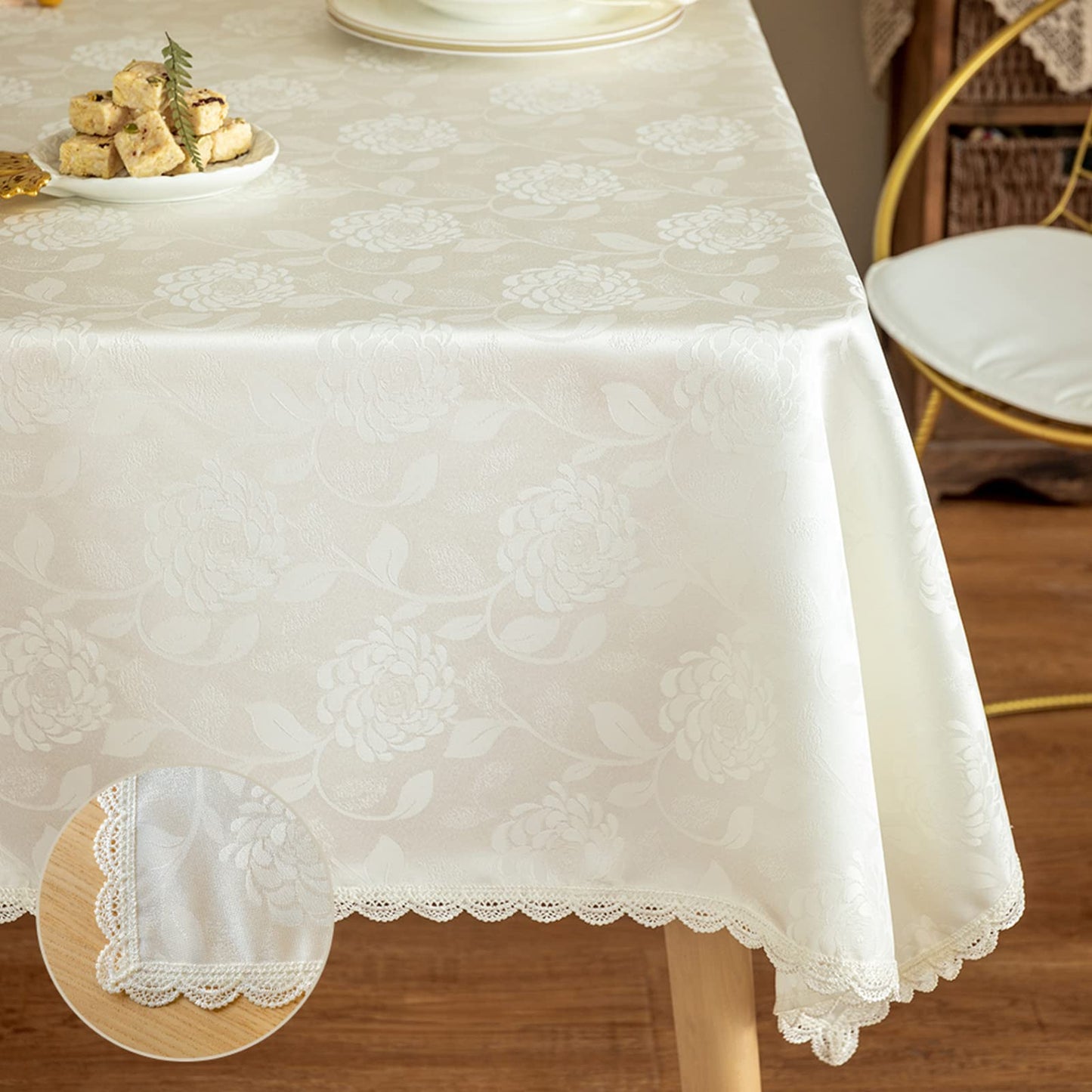 GLORY SEASON Textured Tablecloth Waterproof Spillproof Lace Trim Rectangle Jacquard Fabric Table Cloth, Kitchen Dinning Tabletop Decoration, Round Table Cover for Outdoor Use 55 x 70 Inch, Ivory White