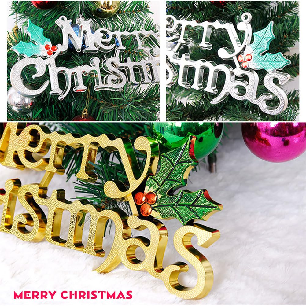 Merry Christmas Signs, 2Pcs Christmas Word Glittery Hanging Signs with Holly Berries and Leaves for Xmas Holiday Party Home Decoration. (Gold+Silver)
